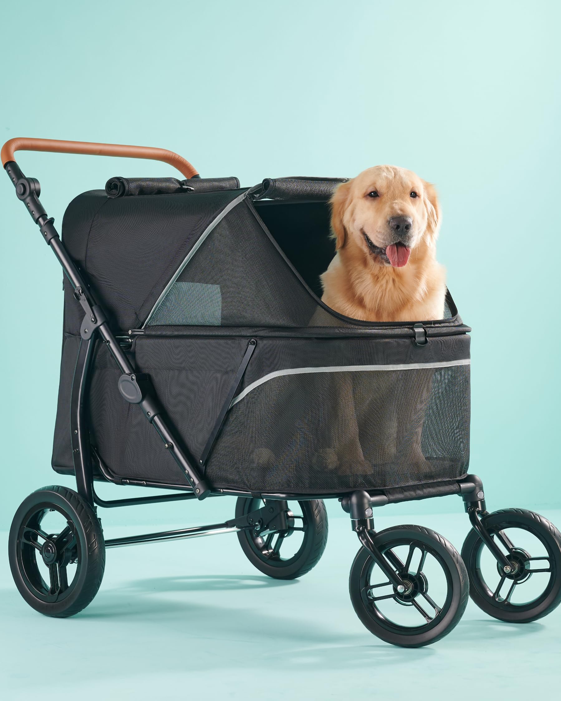 Zoosky pet stroller front view shows a sturdy frame for large dogs on easy walks.