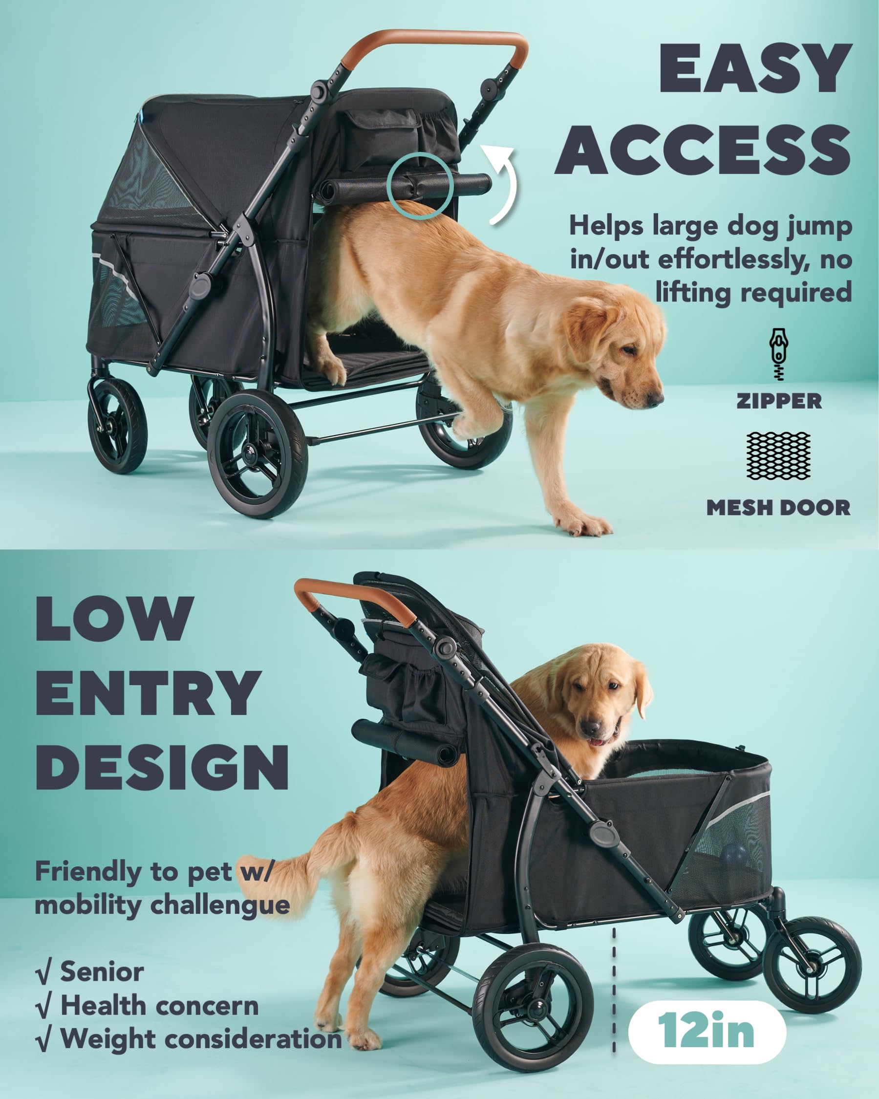 Zoosky pet stroller low-entry back door enables easy access for seniors.