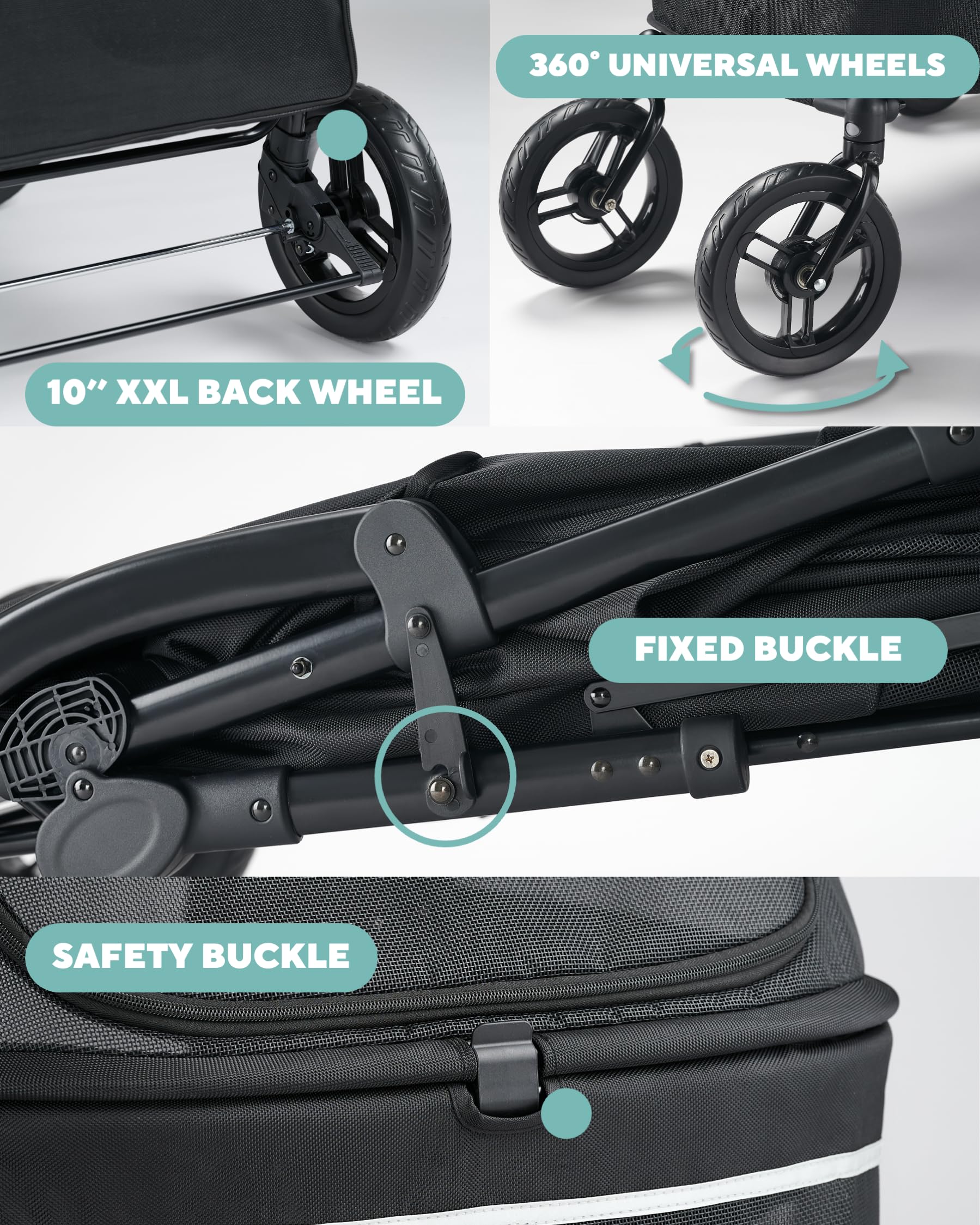 Zoosky pet stroller reflective strips improve visibility in low light.