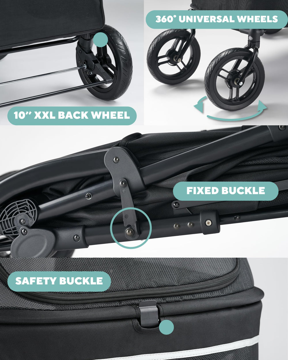 Zoosky pet stroller reflective strips improve visibility in low light.