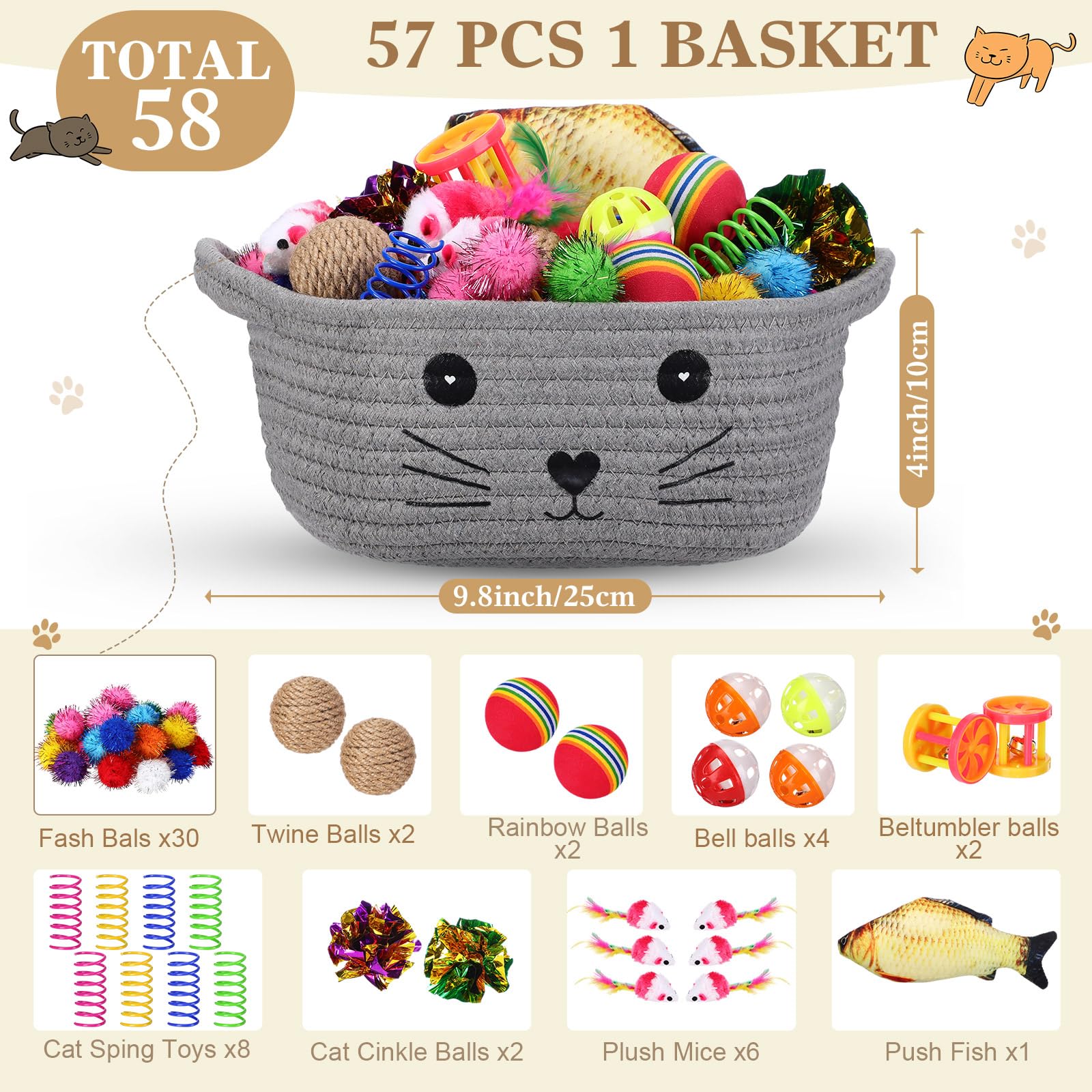 Zopeal 58 Pcs cat storage basket colorful flashing balls for chase and swat