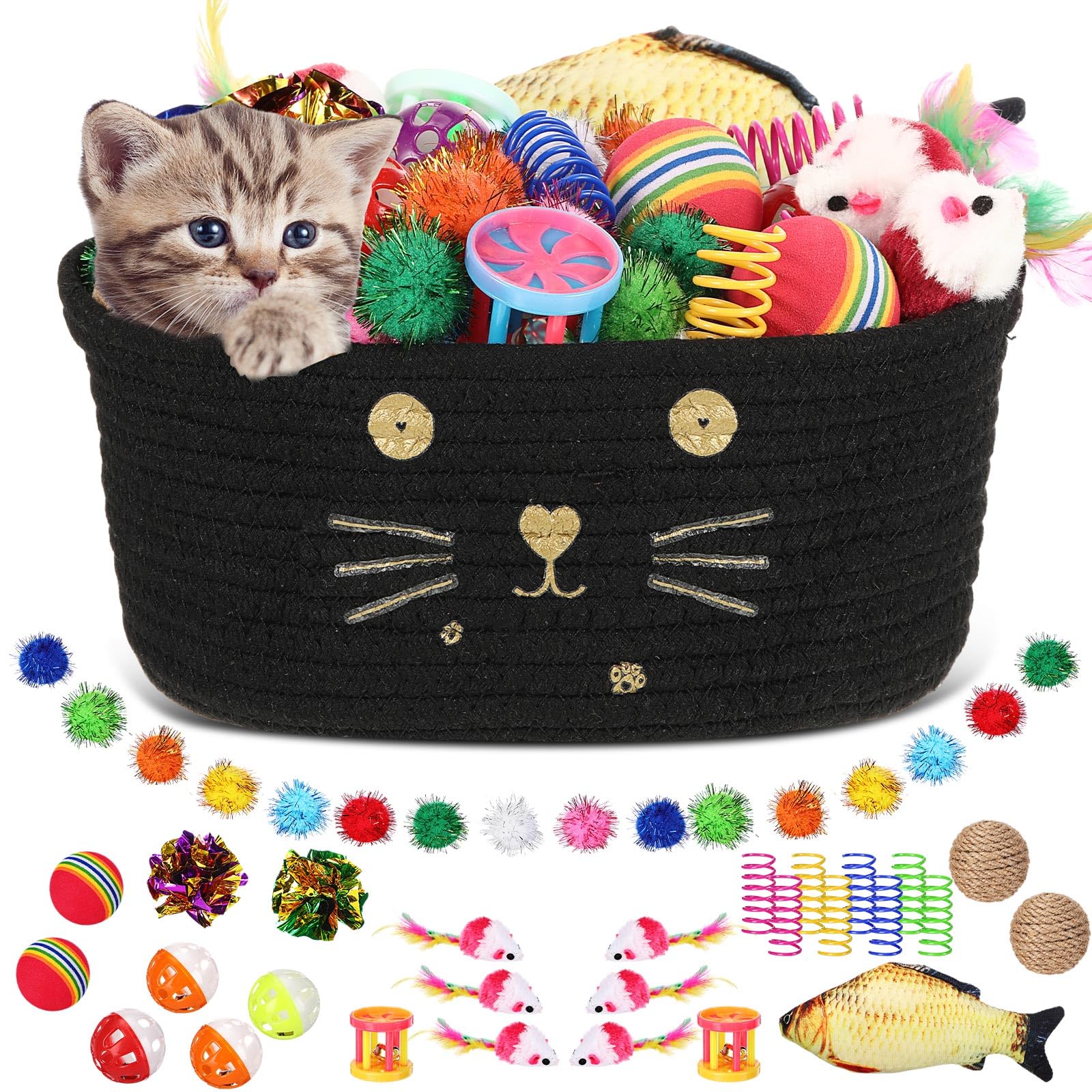 Zopeal 58 Pcs cat storage basket contents arranged for organized play and easy gifting.