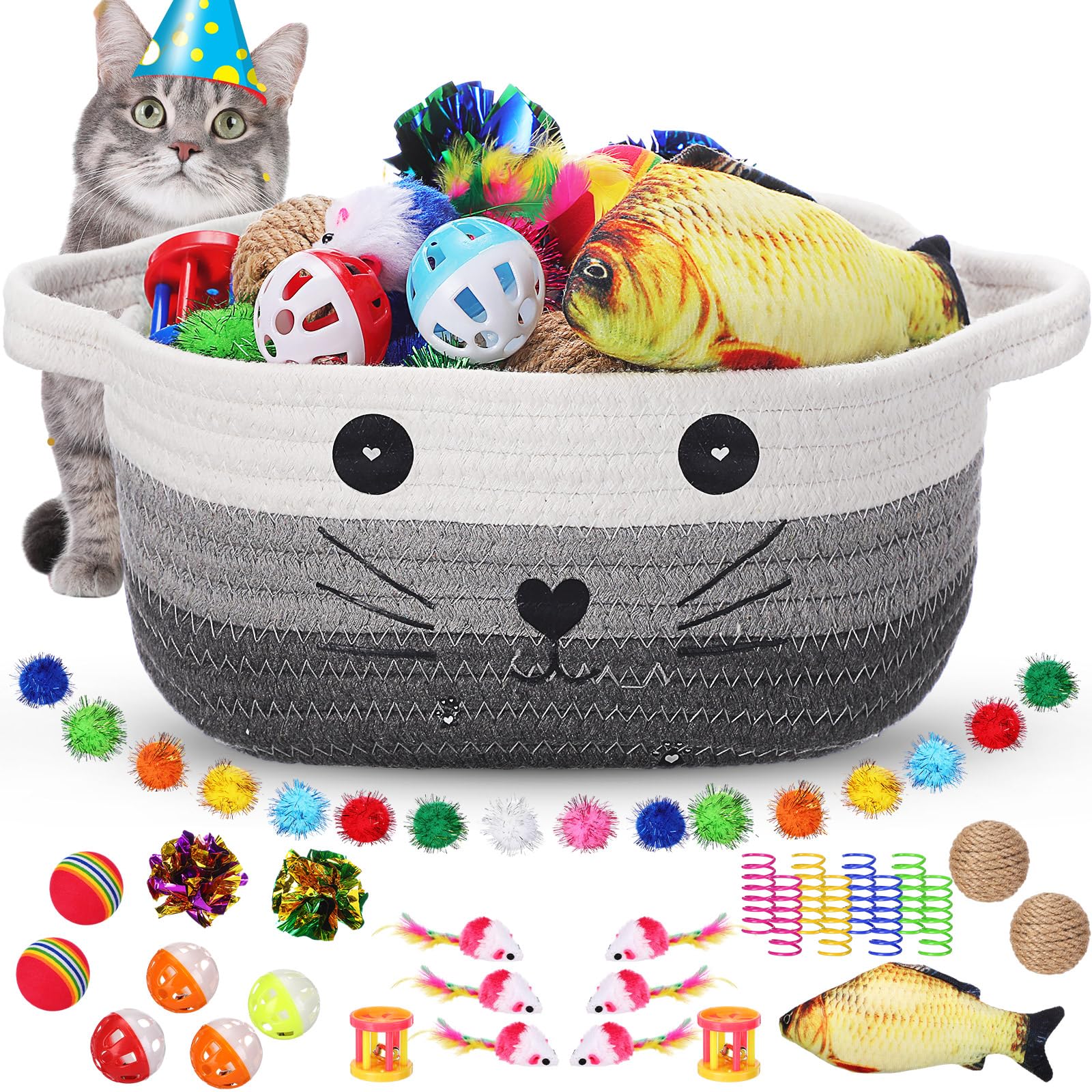 Zopeal storage basket with 58-piece cat toy set for organized play