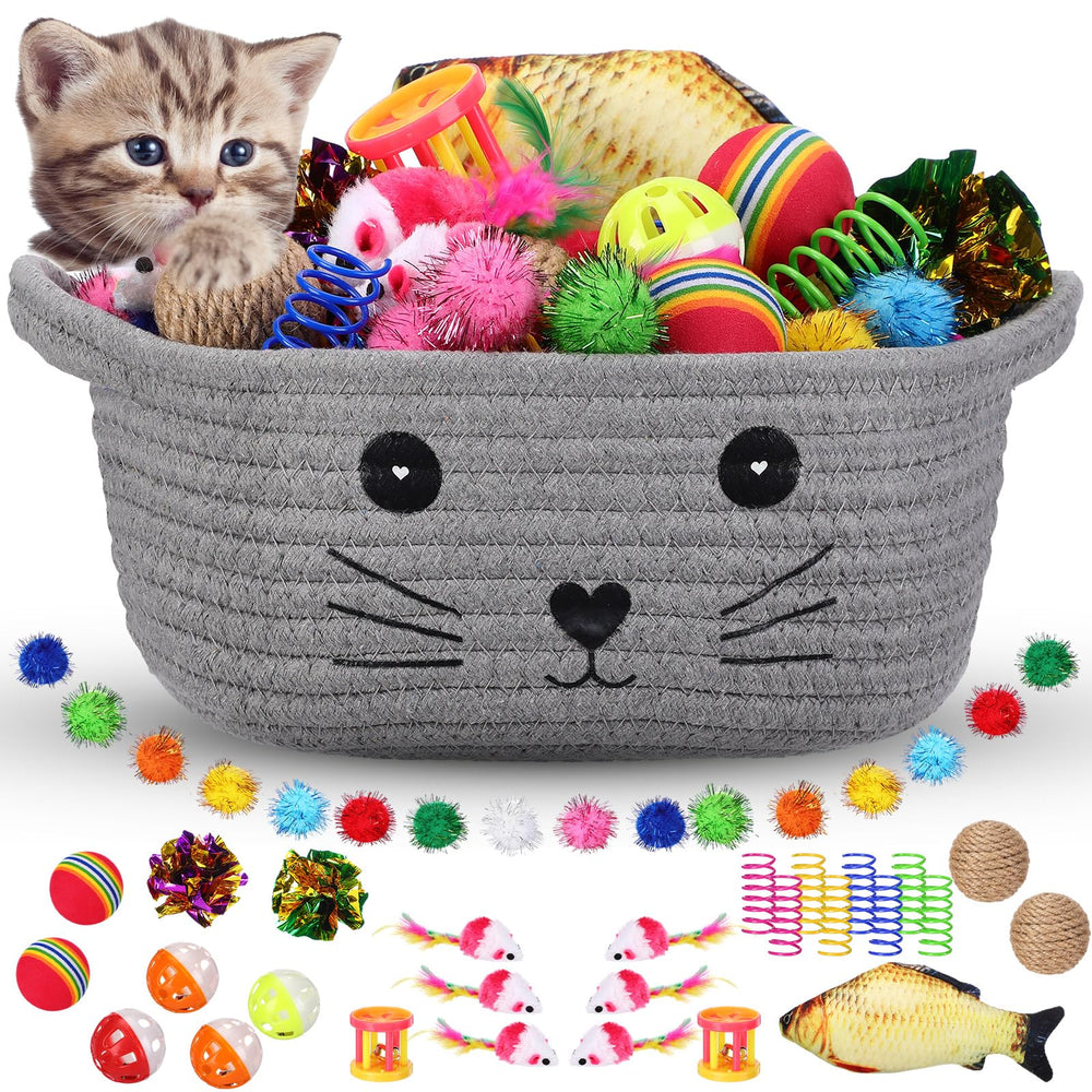 Zopeal 58 Pcs cat storage basket set in gray with toys for organized play and storage