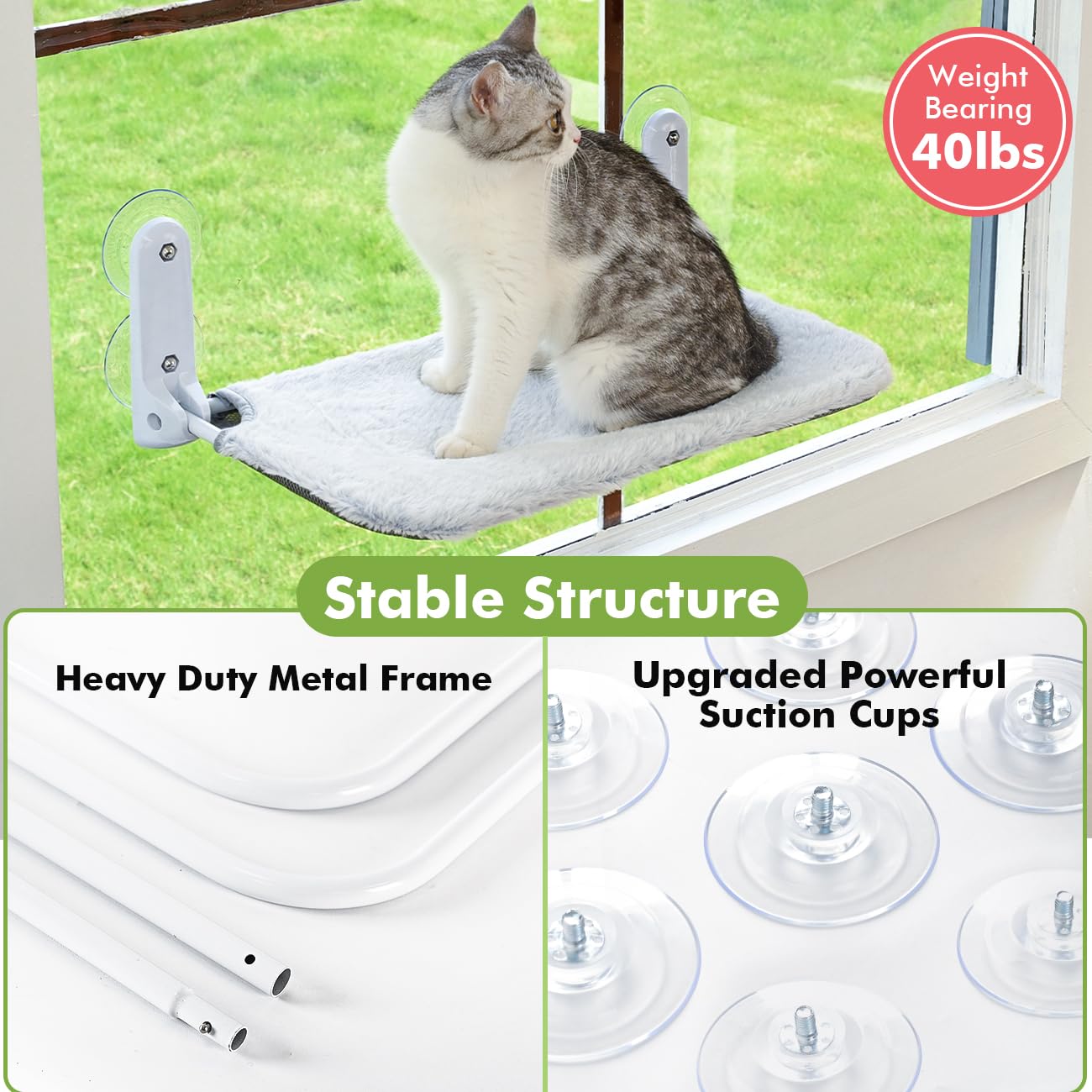 Zoratoo cat window perch large-suction-cups provide strong grip for steady sunbathing spots.