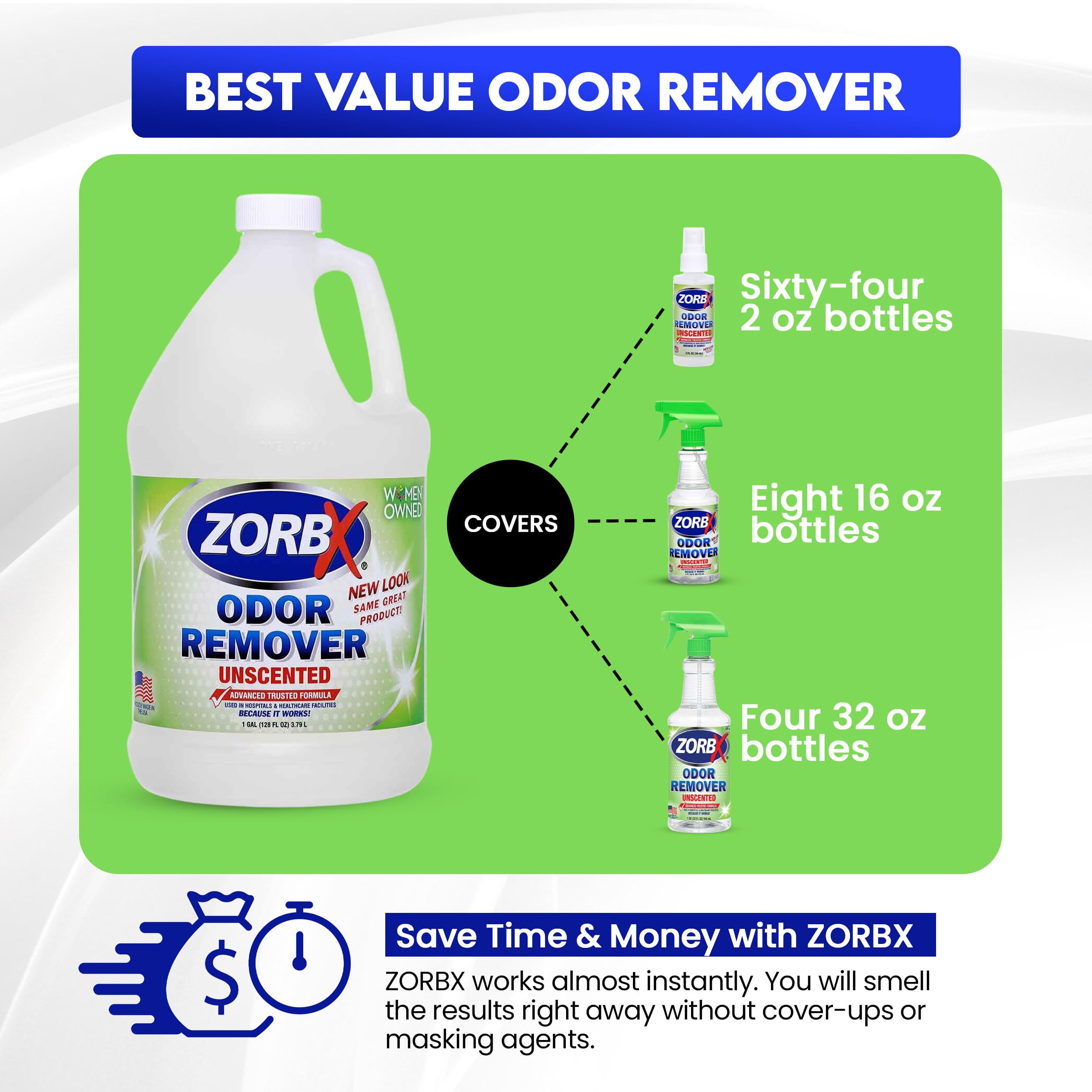 ZORBX carpet odor remover spray targets deep-seated carpet smells.