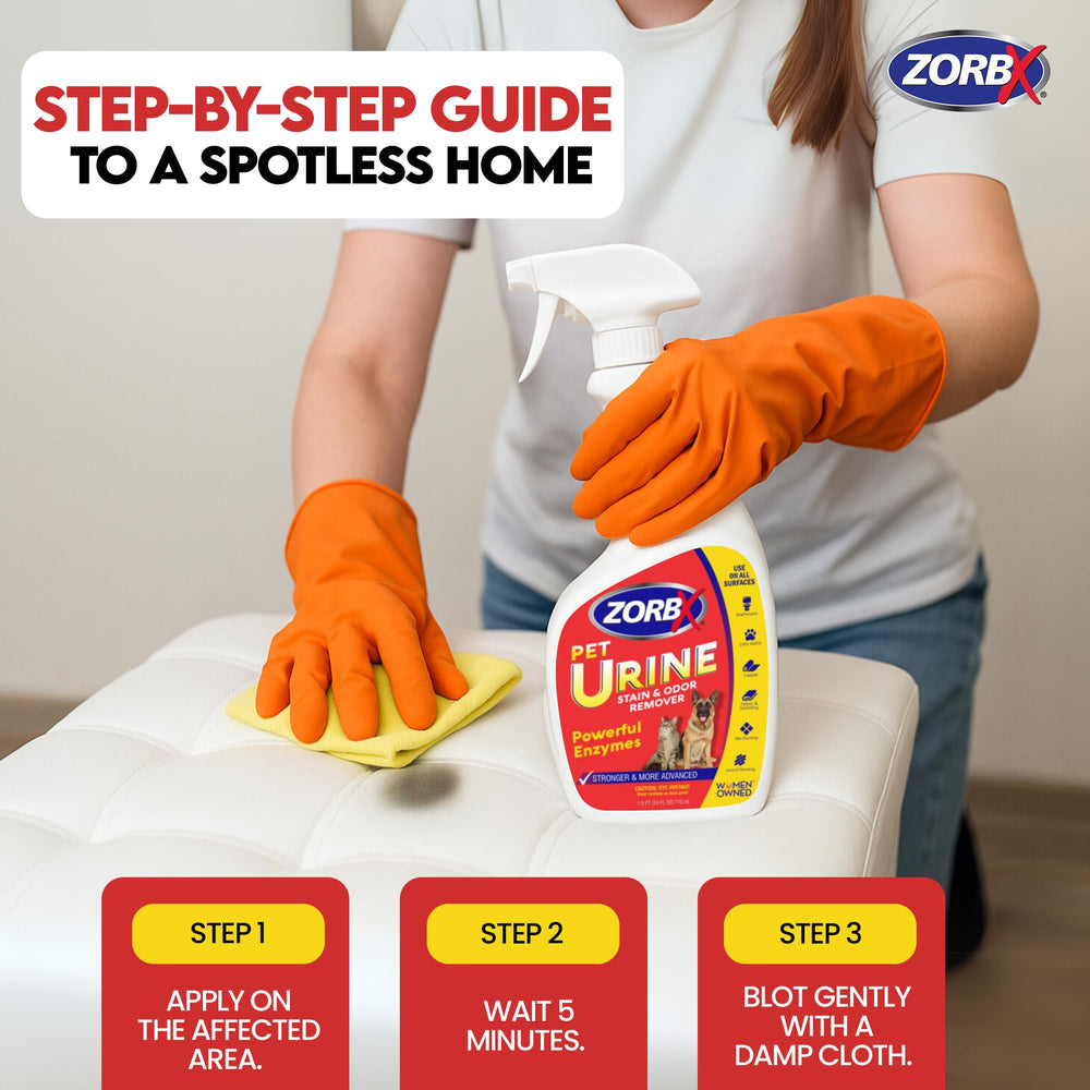 ZORBX scrub-free stain remover bottle targets couch stains with enzyme action
