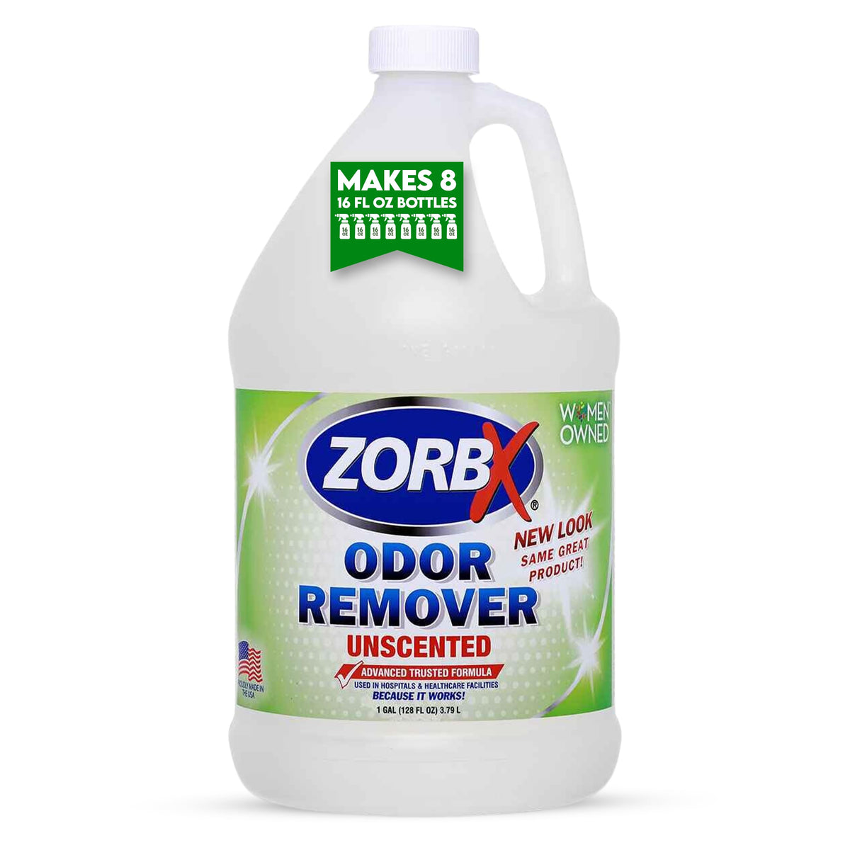 ZORBX unscented odor remover spray 128oz neutralizes stubborn odors in large rooms.