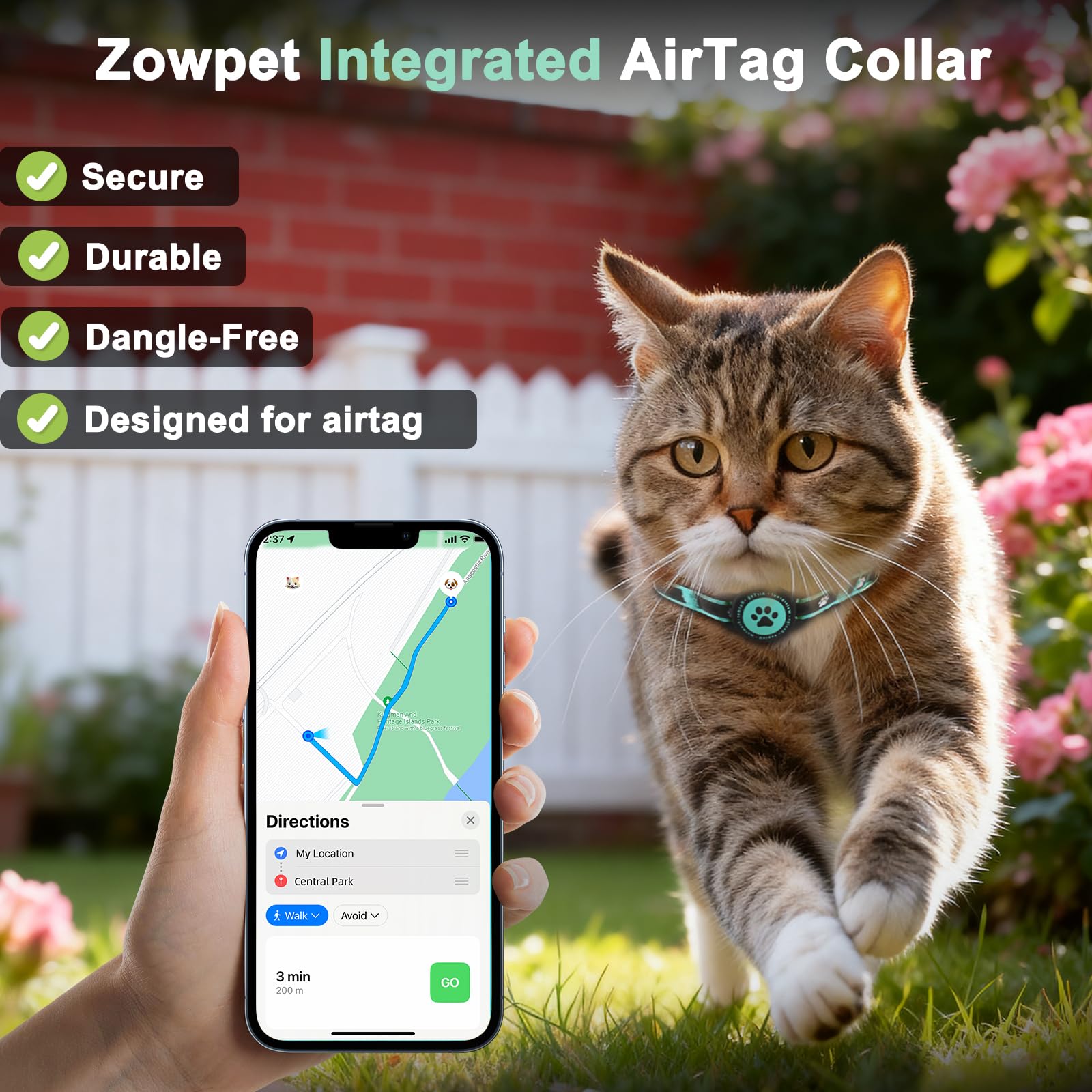 ZOWPET AirTag holder slot shows secure integration for tracking