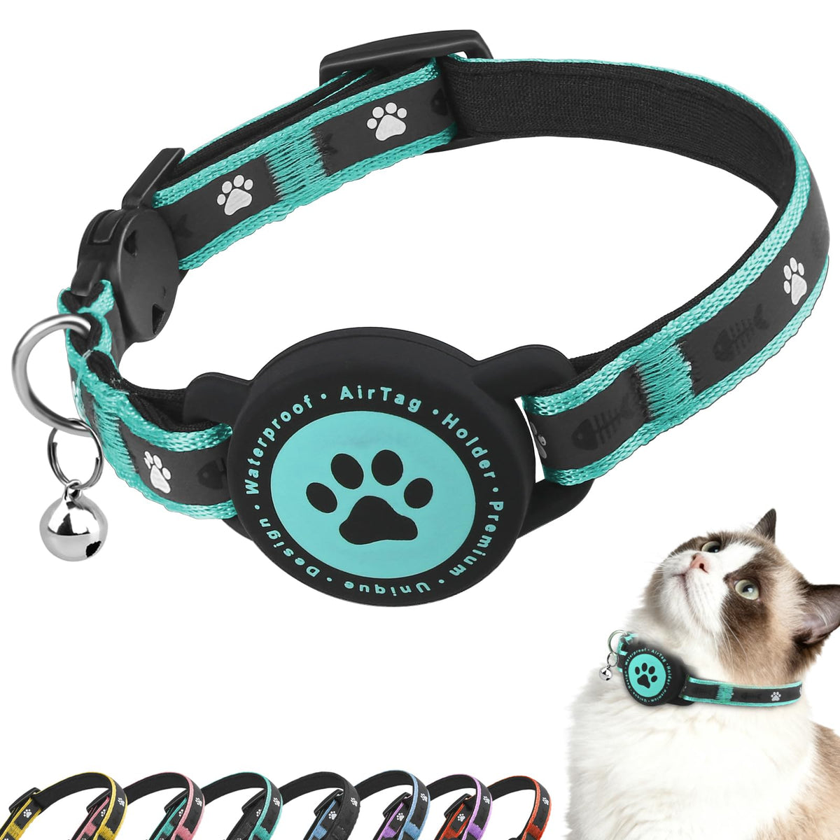 ZOWPET Airtag cat collar turquoise side view for comfortable daily adventures