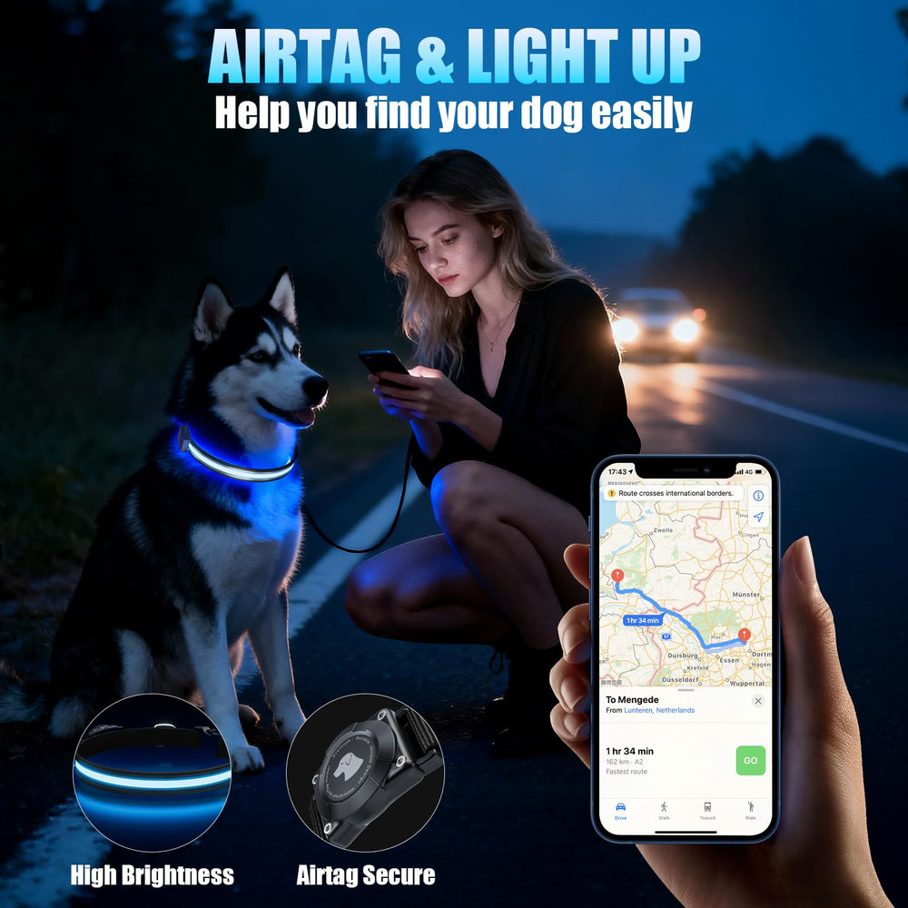 ZOWPET LED AirTag Dog Collar magnetic charging enables quick recharge for nightly outings.