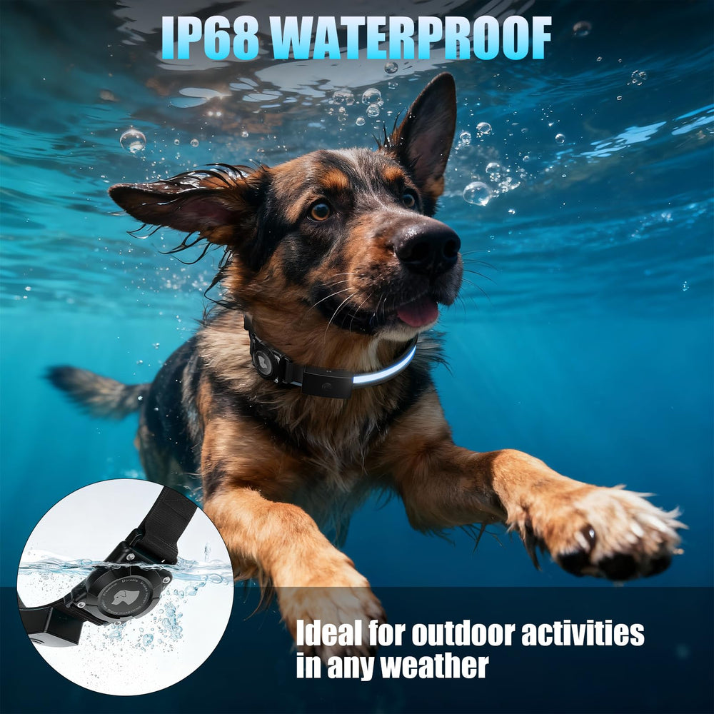 ZOWPET LED AirTag Dog Collar side glow demonstrates 360-degree illumination for visibility.