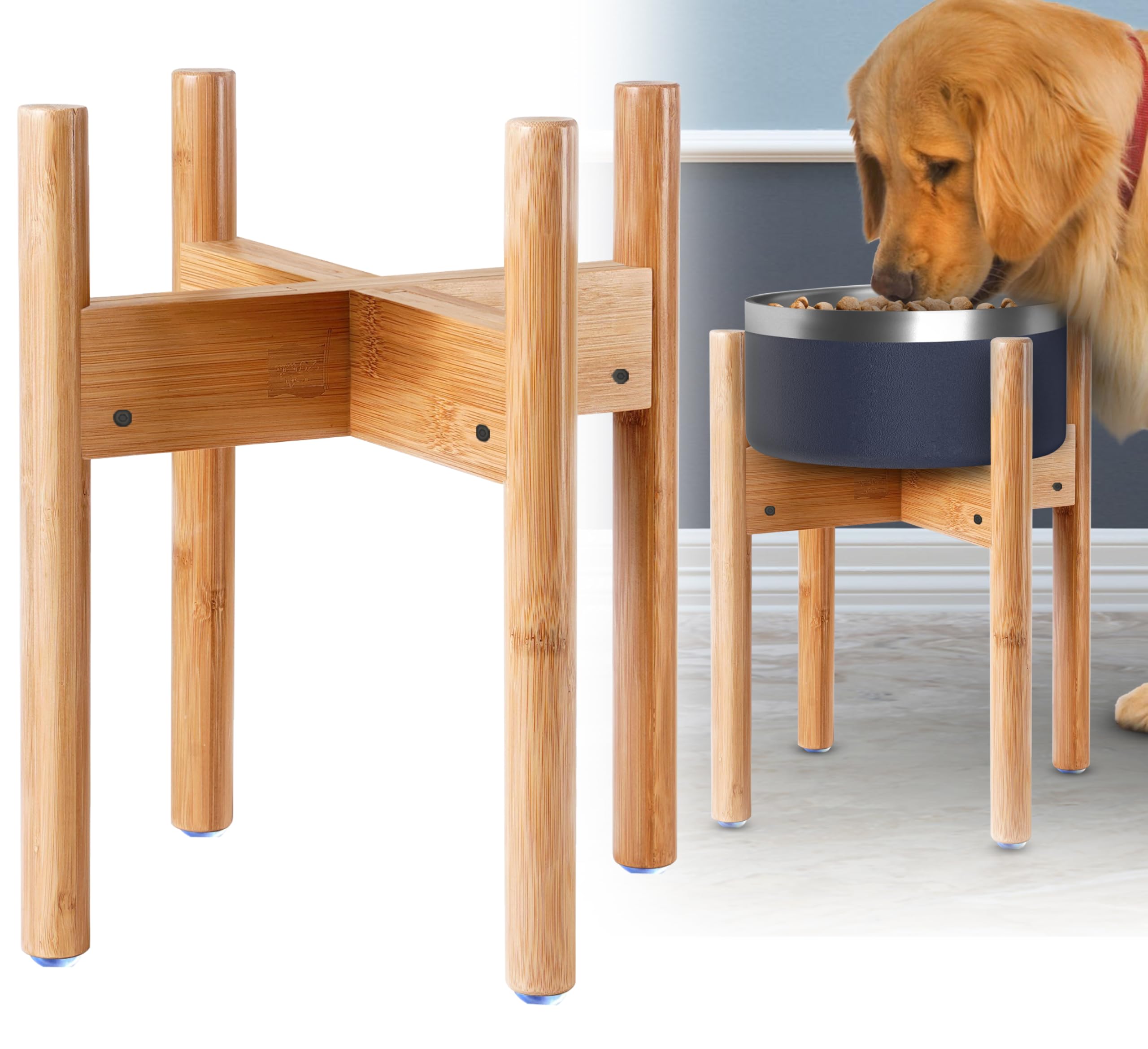 ZPirates dog bowl stand assembled, showing stable bamboo elevation for comfortable feeding.