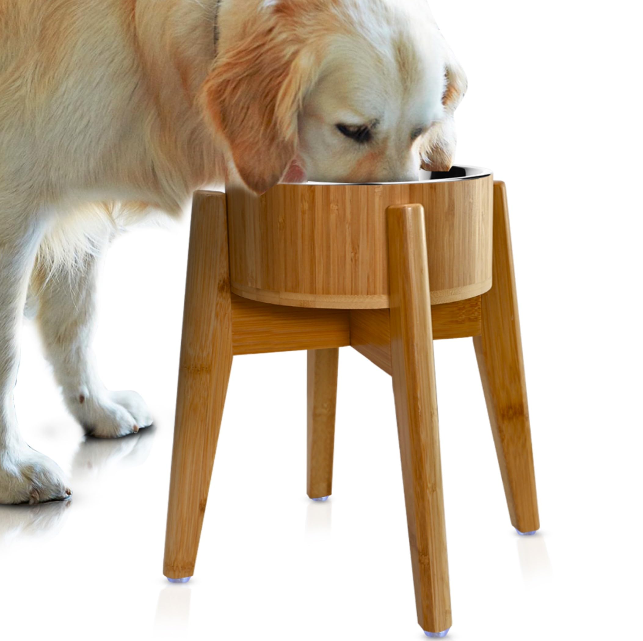 ZPirates elevated dog bowl stand shows a stable bamboo frame for large breeds during meals.
