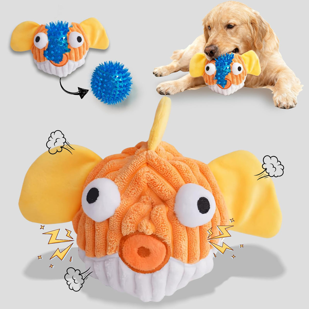 Zrbtk Yellow Fish squeak toy with crinkle ears for interactive play and chew relief.