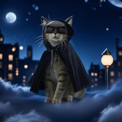 ZREVSB cat bat mask on cat during playful Halloween vibes.
