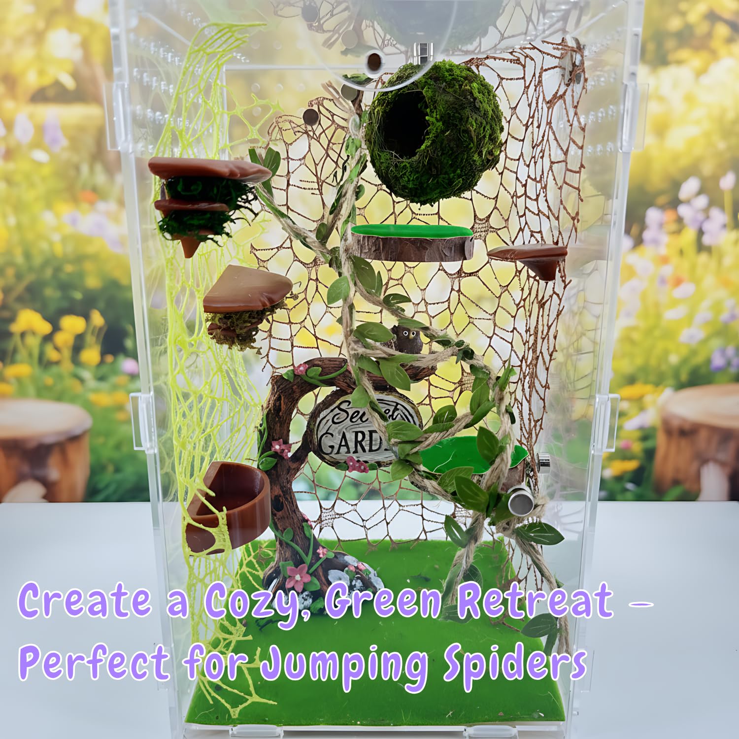 ZREVSB Jumping Spider Hideout hemp rope bridge enables climbing play and exploration.