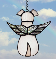 ZUAJITER stained glass angel dog suncatcher with colorful wings, ideal for sunlit memorial displays