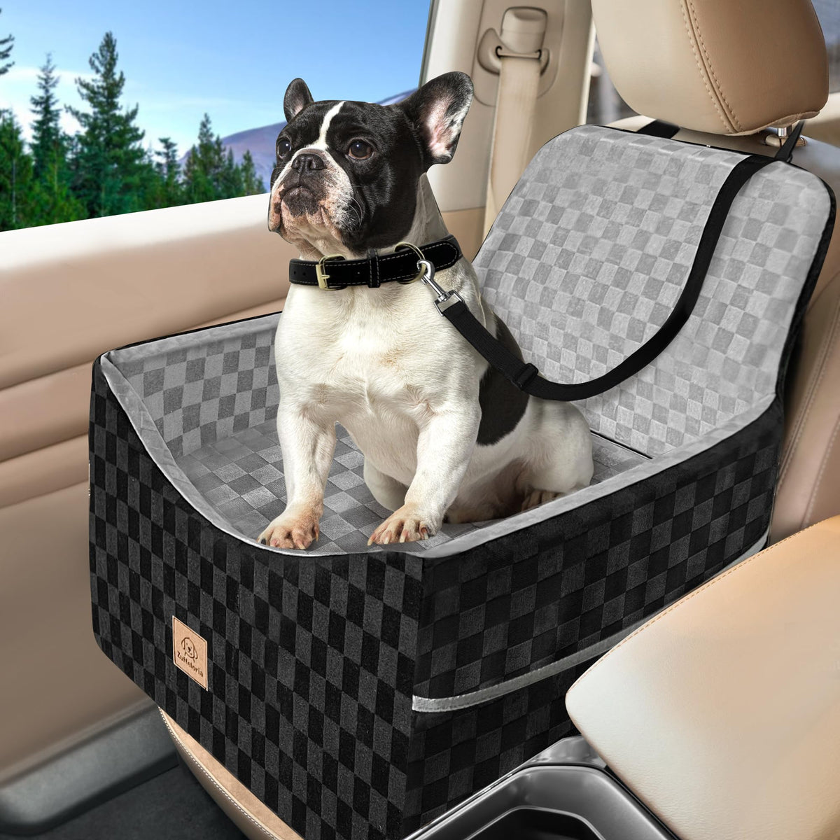 Zuffeloria dog booster seat front view highlights elevated design for better window view and comfort.