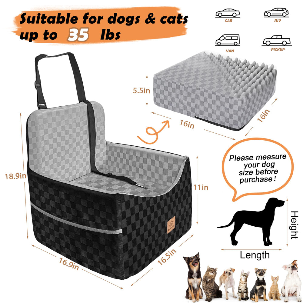 Zuffeloria booster seat side view showing secure travel with built-in leash clip.