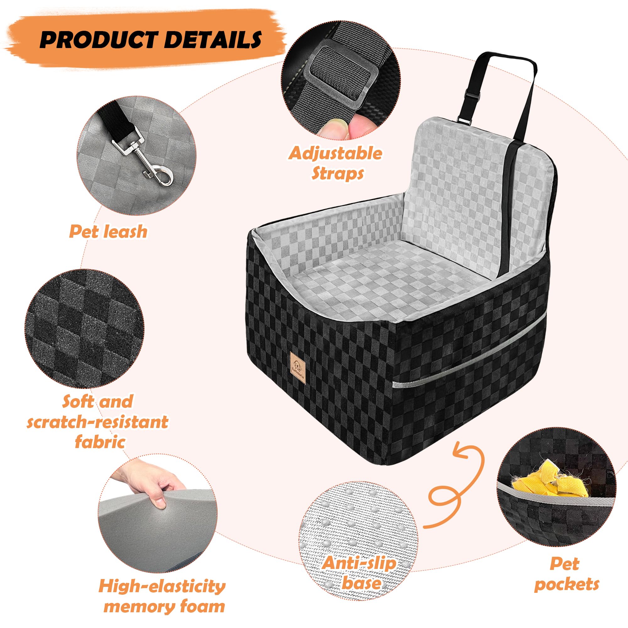 Zuffeloria dog car seat material closeup emphasizes soft, scratch-resistant fabric.