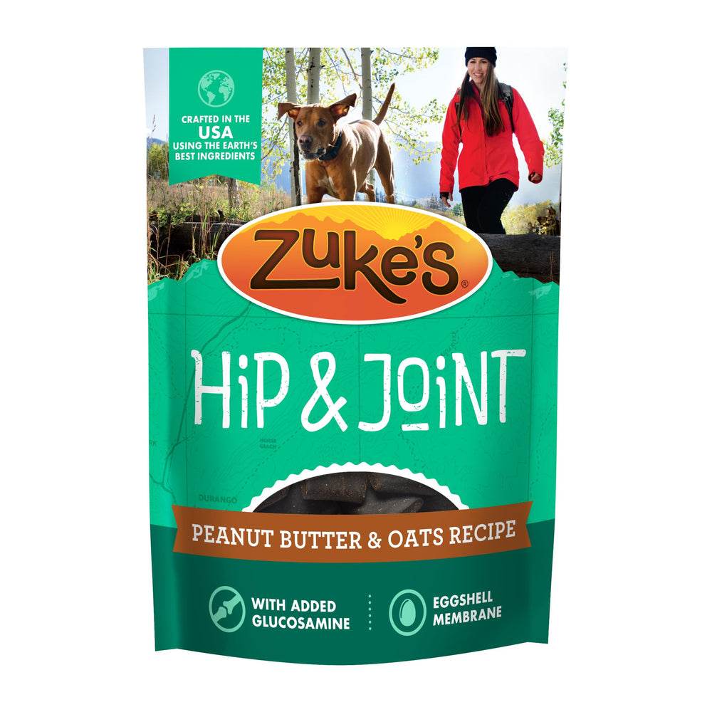 Zuke's Hip and Joint dog treats pack shows a resealable pouch for on-the-go rewards