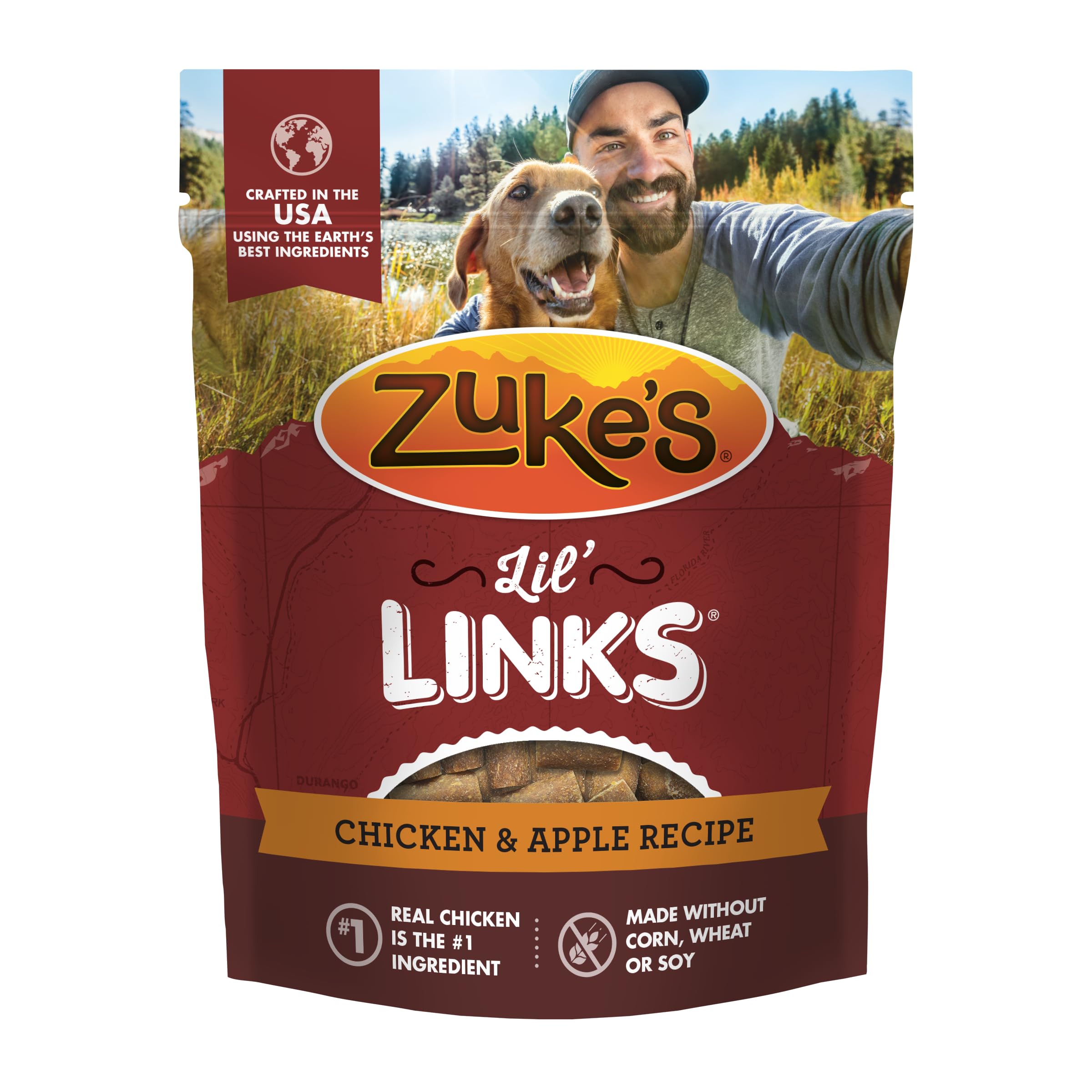 Zuke's Lil' Links packaging closeup demonstrates a resealable pouch for on-the-go rewards.
