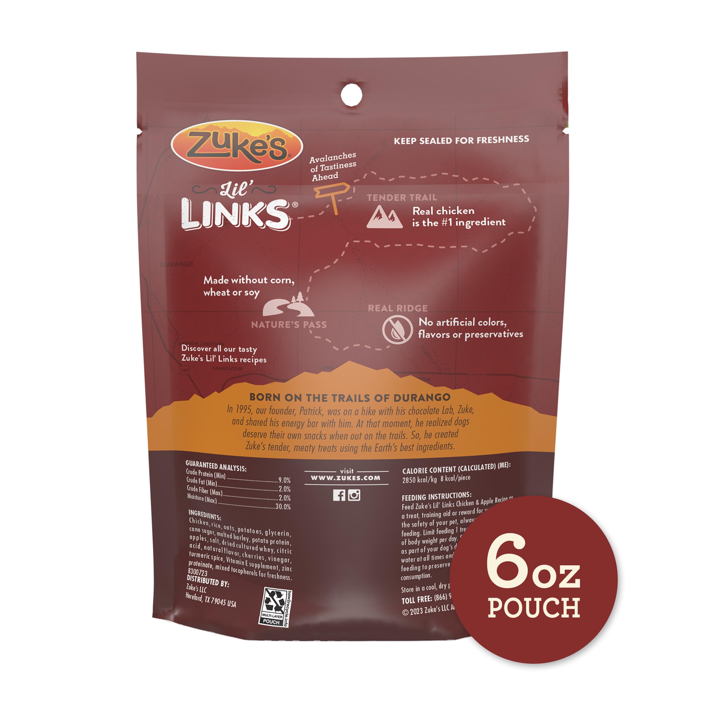 Zuke's Lil' Links USA-made ingredients image conveys quality and domestic production.