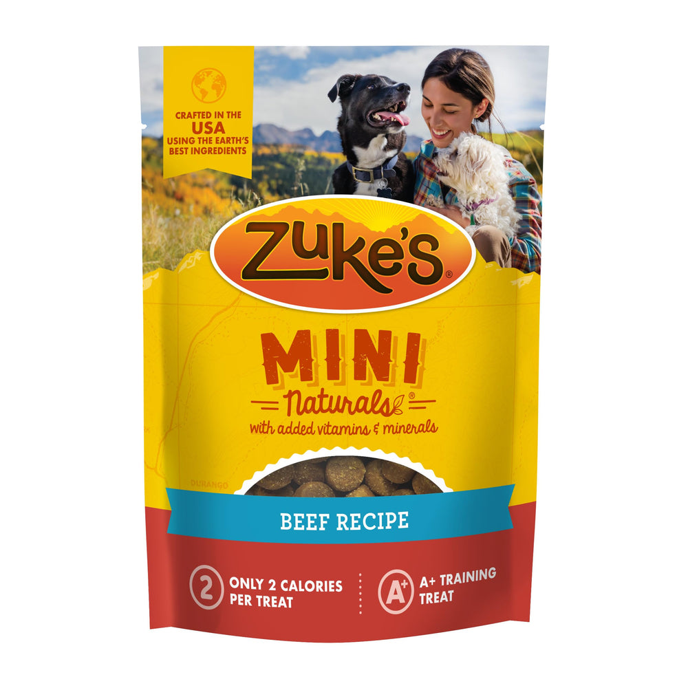 Zuke's Mini Naturals beef-recipe pouch-front for on-the-go training rewards.
