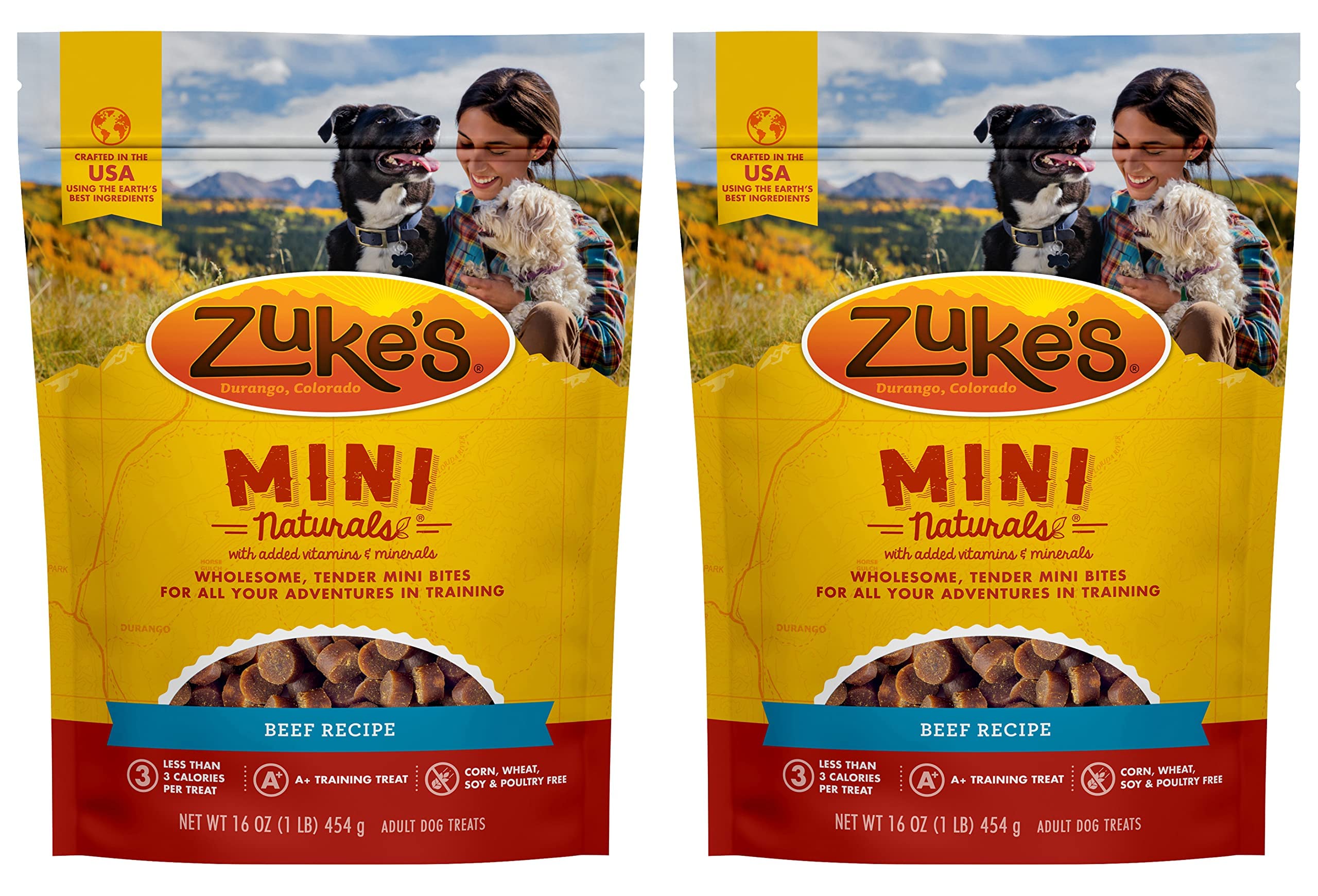 Zuke's Mini Naturals Beef Recipe soft treats for training rewards.