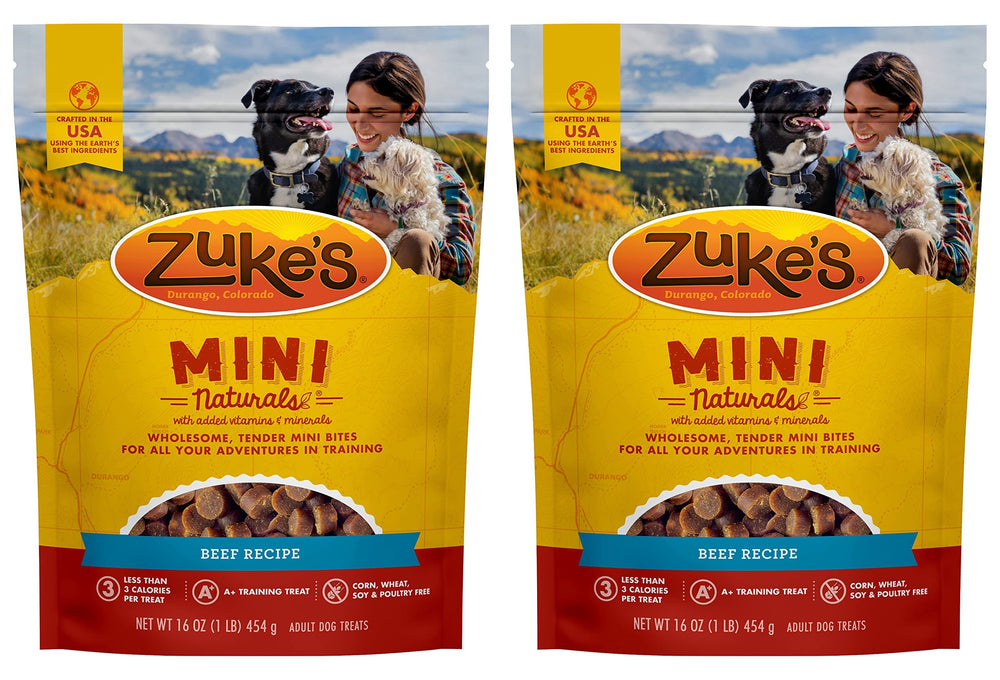 Zuke's Mini Naturals Beef Recipe soft treats for training rewards.