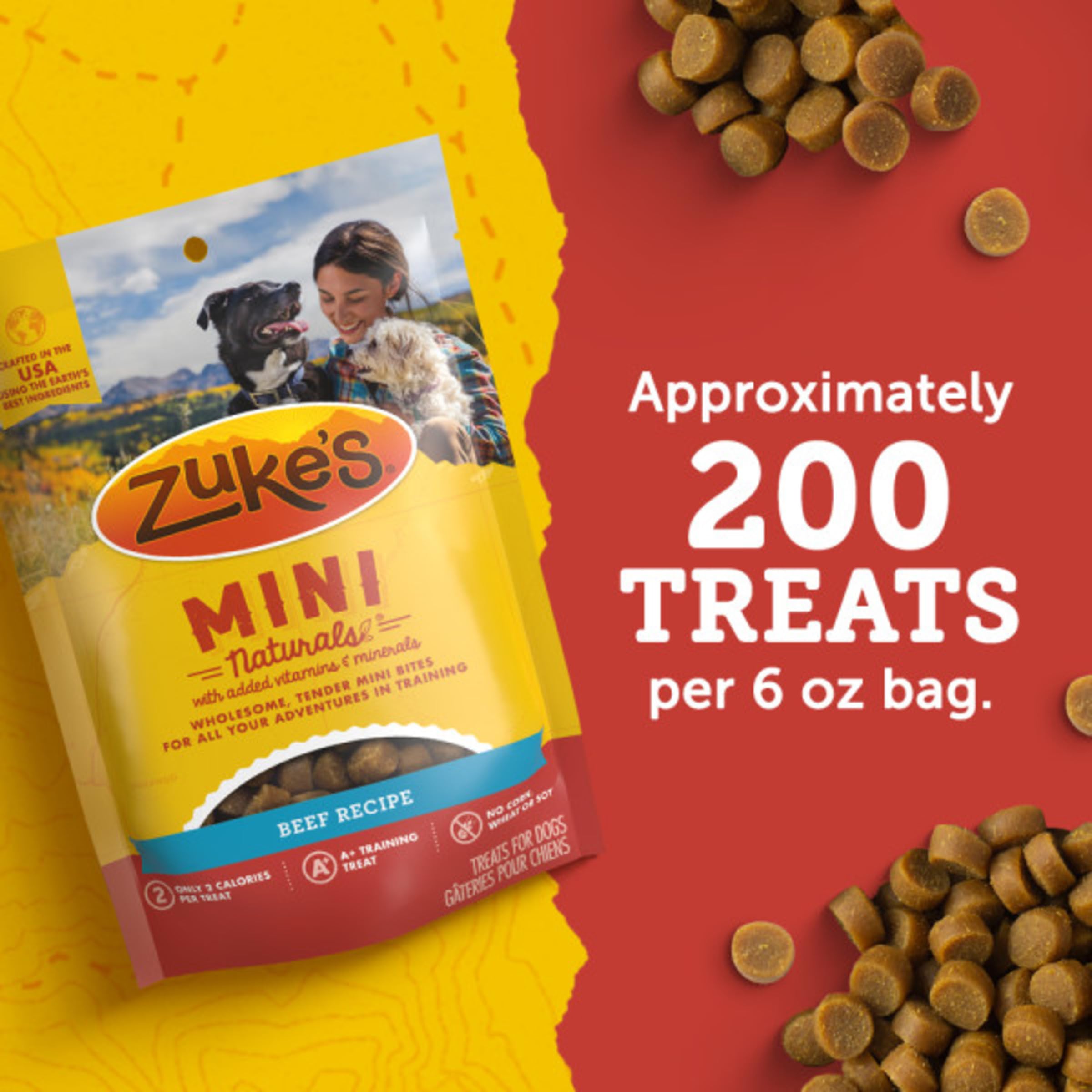 Zuke's Mini Naturals training-use image shows dogs of all sizes enjoying rewards.