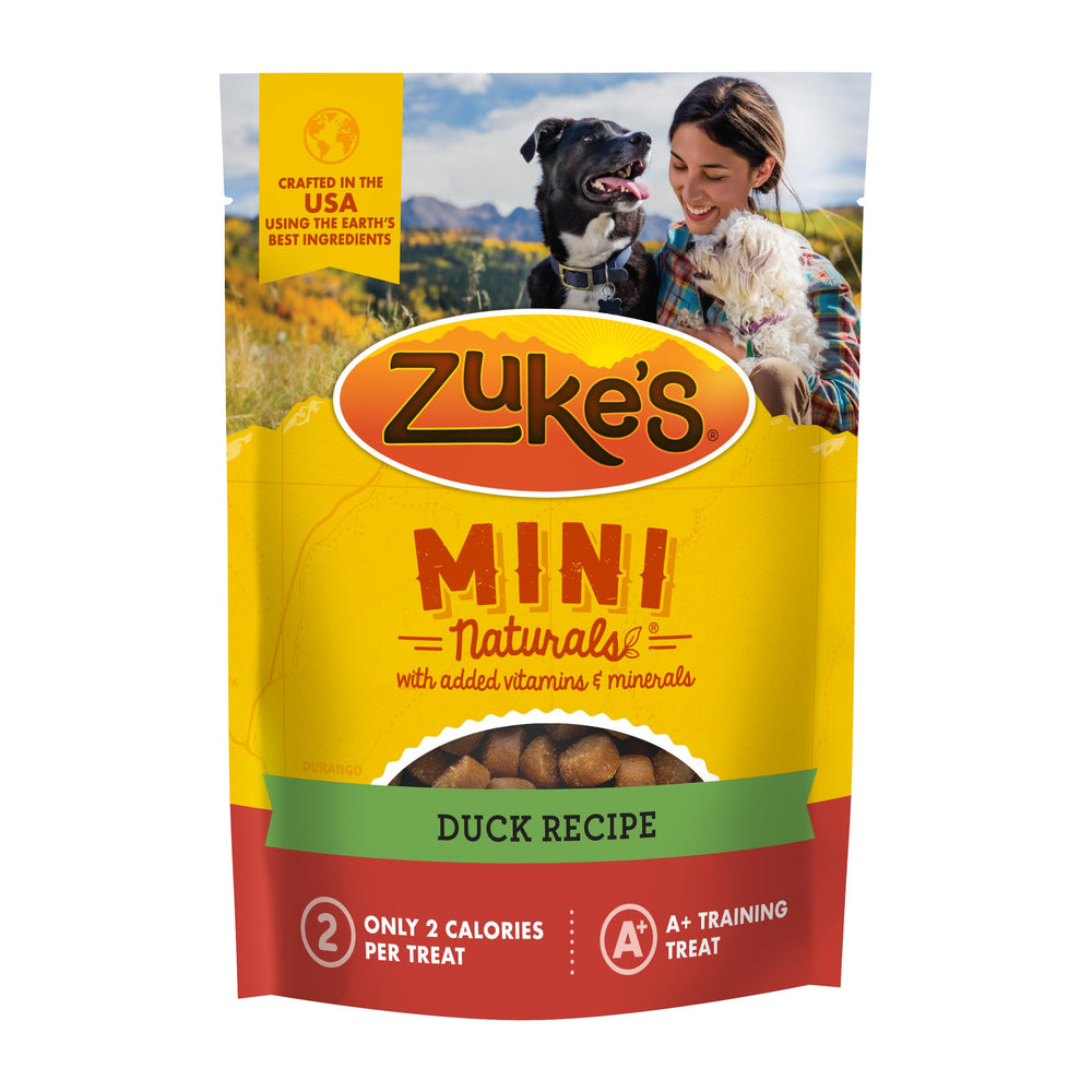 Zuke's Mini Naturals duck recipe pouch showing real ingredients for training snacks.