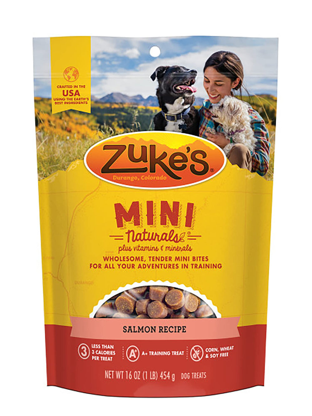 Zuke's Mini Naturals Salmon soft-treat closeup highlighting chewy texture.