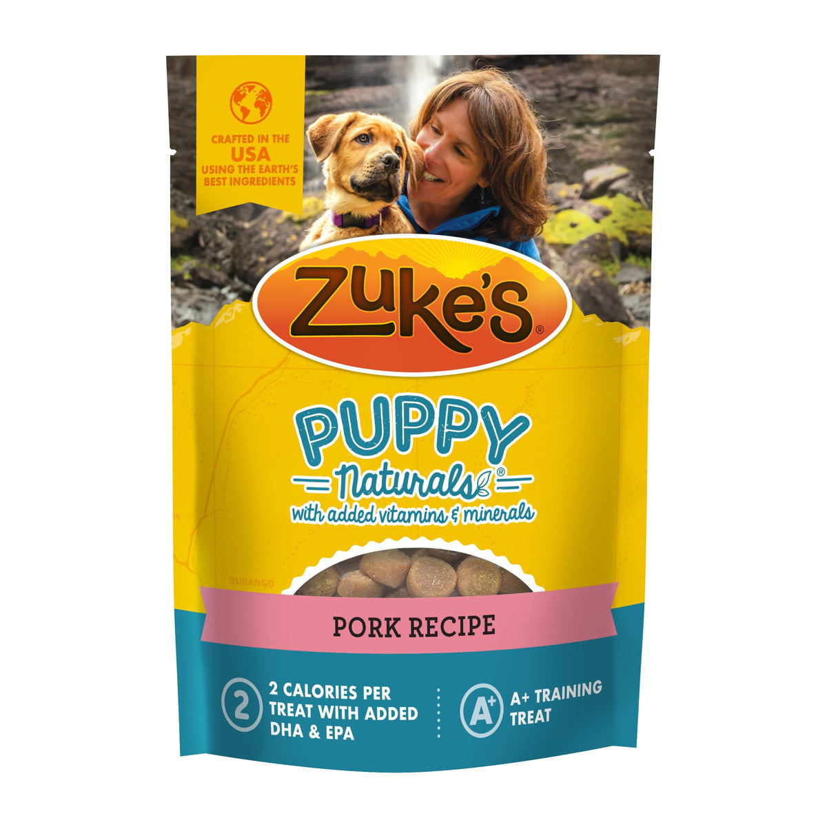 Zuke's Puppy Naturals pork-chickpea bag open demonstrates a resealable pouch for rewards.