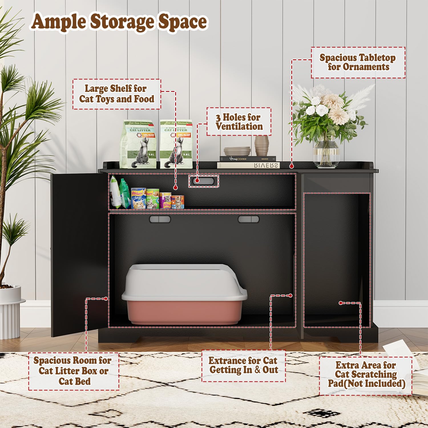 ZUNLANTK litter box enclosure interior view highlights spacious room for standard boxes