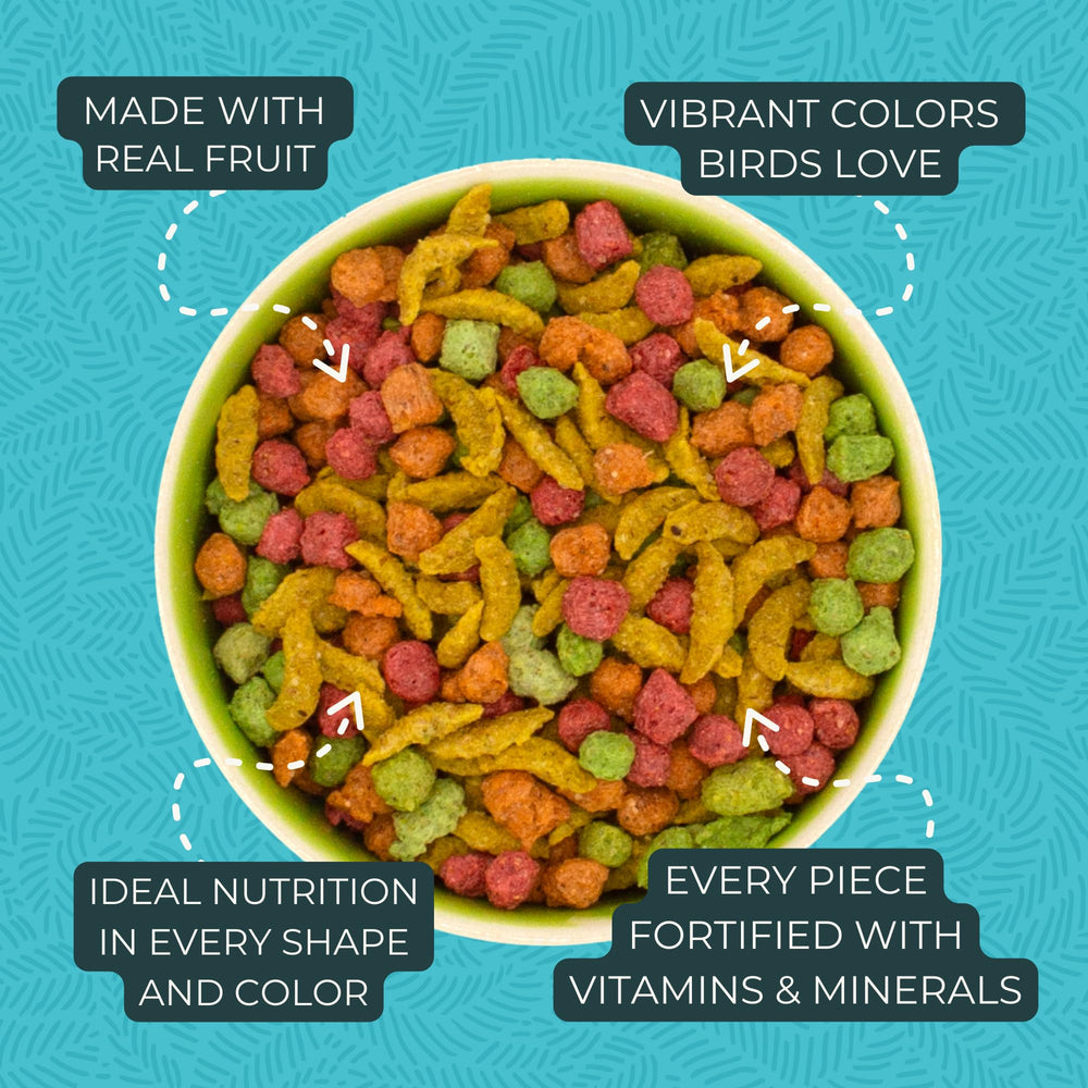 ZuPreem FruitBlend nutrition panel emphasizes vitamins, minerals, and amino acids for daily health.