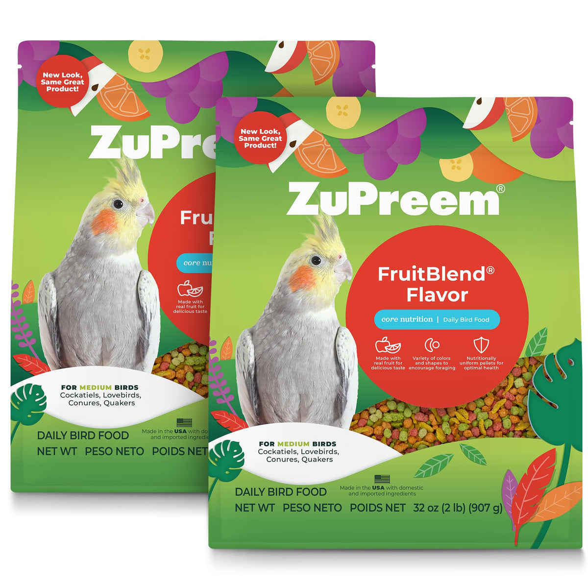ZuPreem FruitBlend pellets close-up showing colorful shapes for daily nutrition.
