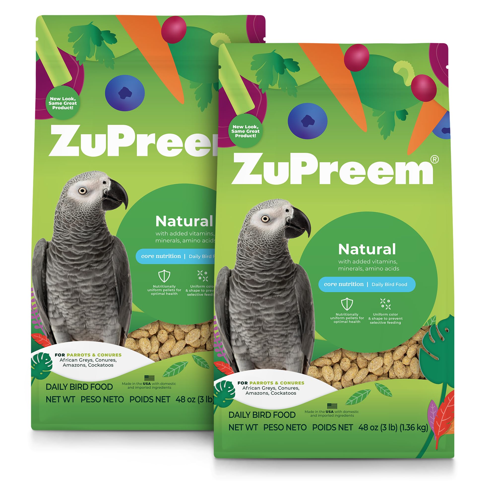 ZuPreem natural bird food pellets, 3 lb pack of 2, supporting daily nutrition for parrots