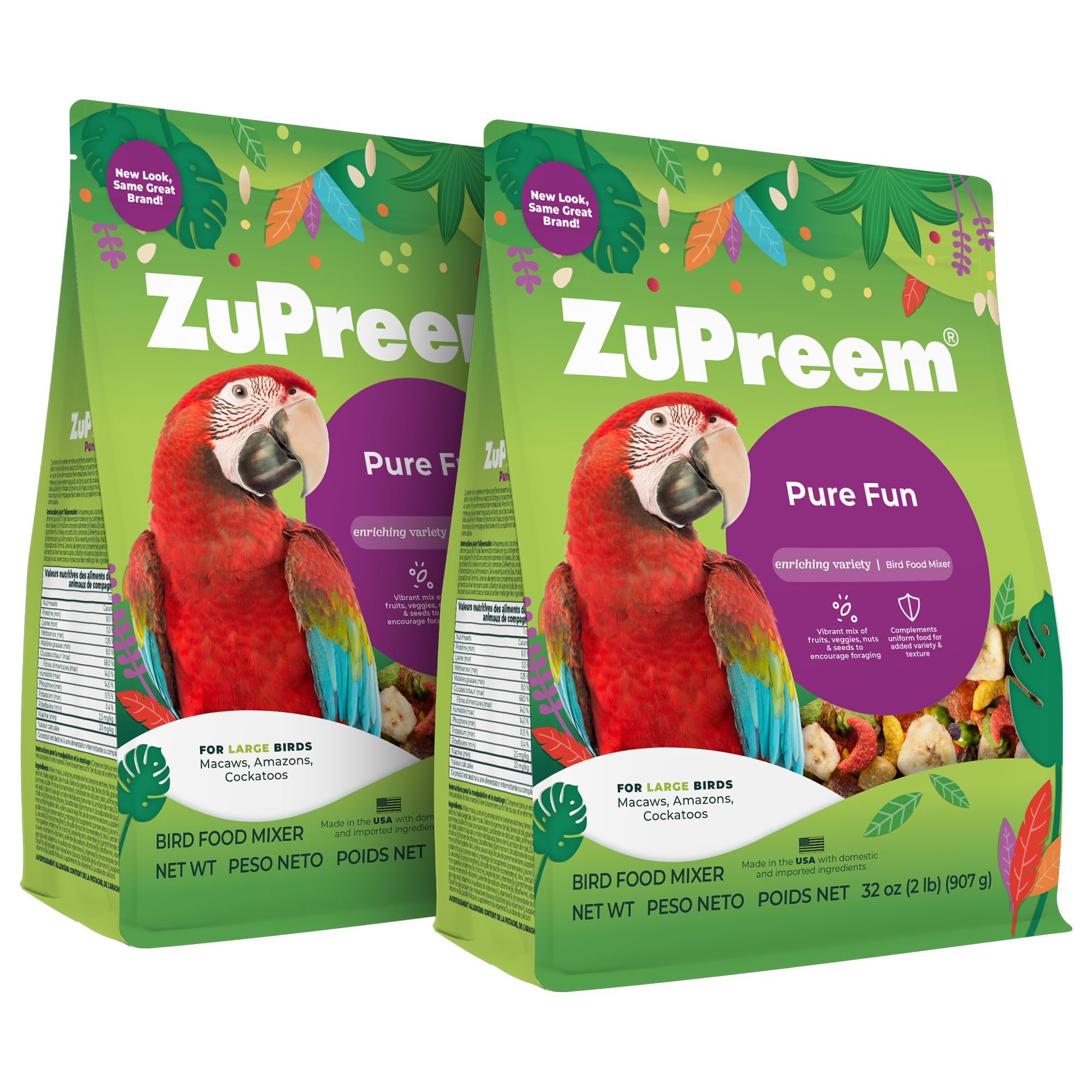 ZuPreem Pure Fun bird food packaging shows a convenient 2 lb pack for large birds
