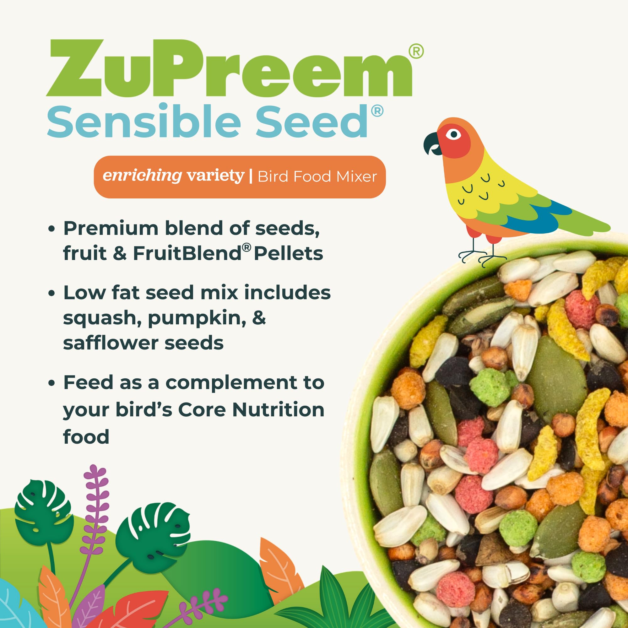 ZuPreem Sensible Seed Bird Food lorikeet diet—enrichment through varied textures.