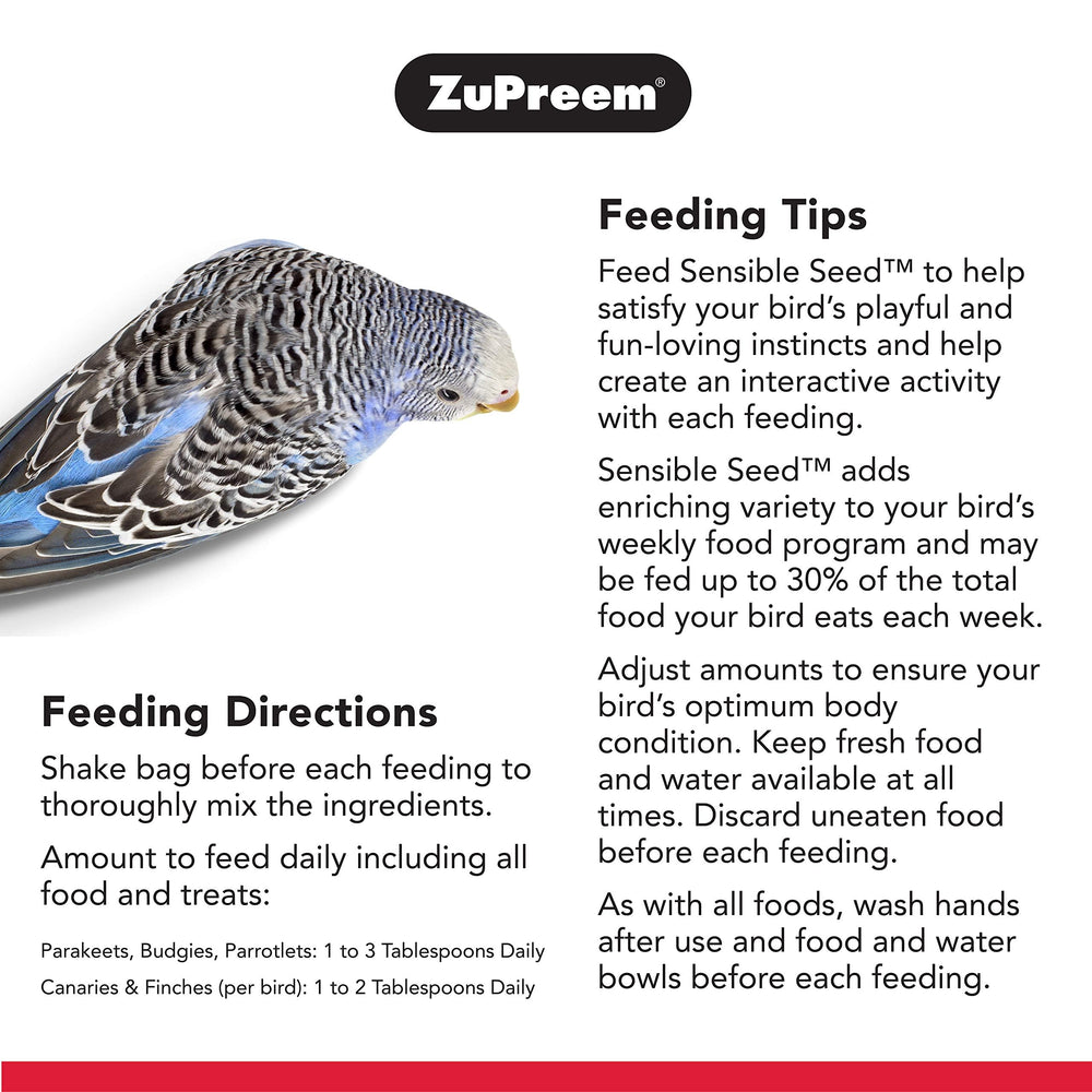 ZuPreem Sensible Seed Bird Food pellets and seeds closeup show mixed textures for small birds.