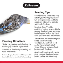 ZuPreem Sensible Seed Bird Food pellets and seeds closeup show mixed textures for small birds.