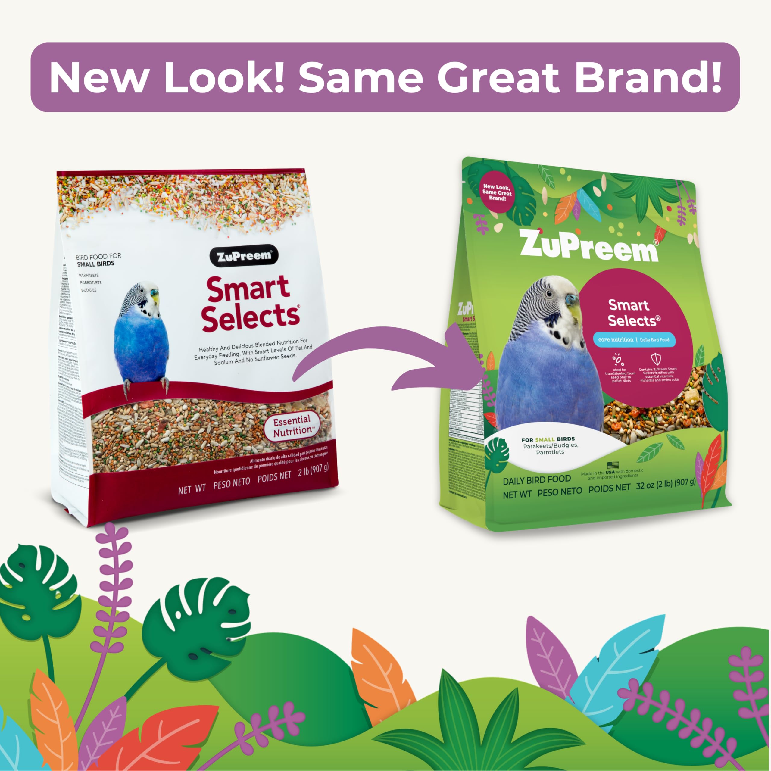 ZuPreem Smart Selects pellets-seeds-mix close-up highlights texture variety for parakeets.