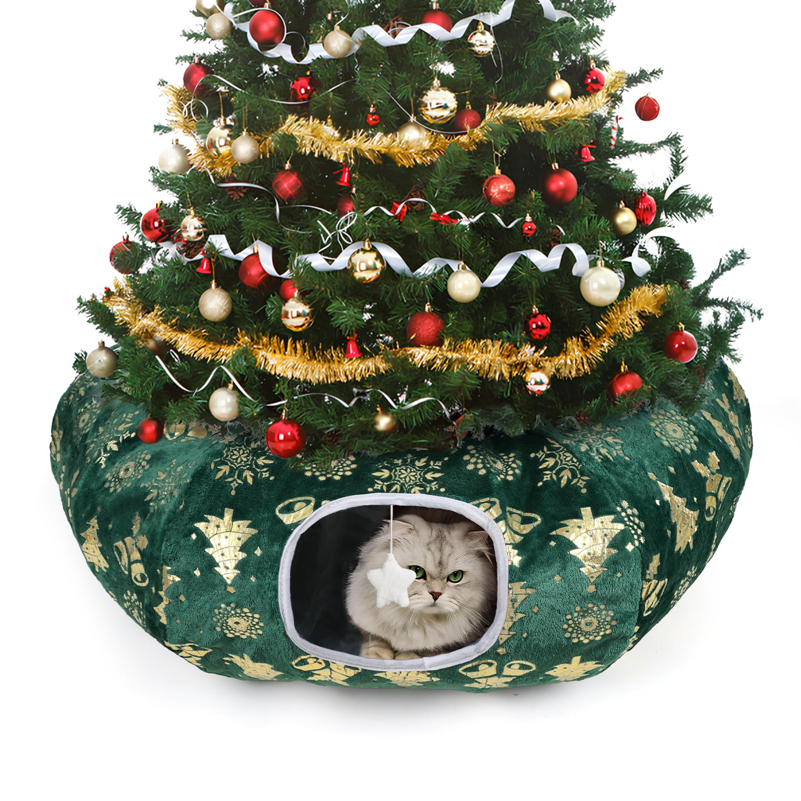 Zuqqony cat tunnel bed Christmas-tree-skirt keeps cats warm while decorating the tree.