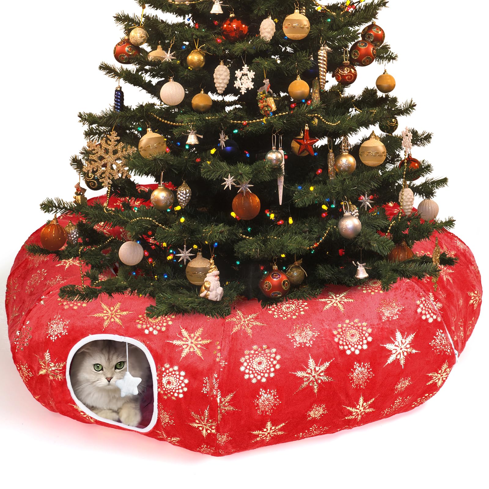 Zuqqony cat tunnel bed around a Christmas tree showing plush warmth and festive setup for indoor cats.