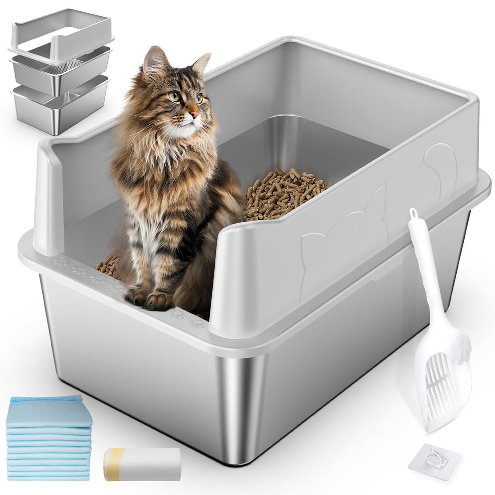 Zuqqony stainless steel litter box with lid demonstrates spill-resistant design for tidy floors.
