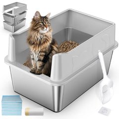 Zuqqony stainless steel litter box with lid demonstrates spill-resistant design for tidy floors.