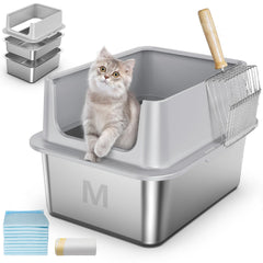 Zuqqony stainless steel sifting litter box with 17x13 inch footprint and durable build for small cats.