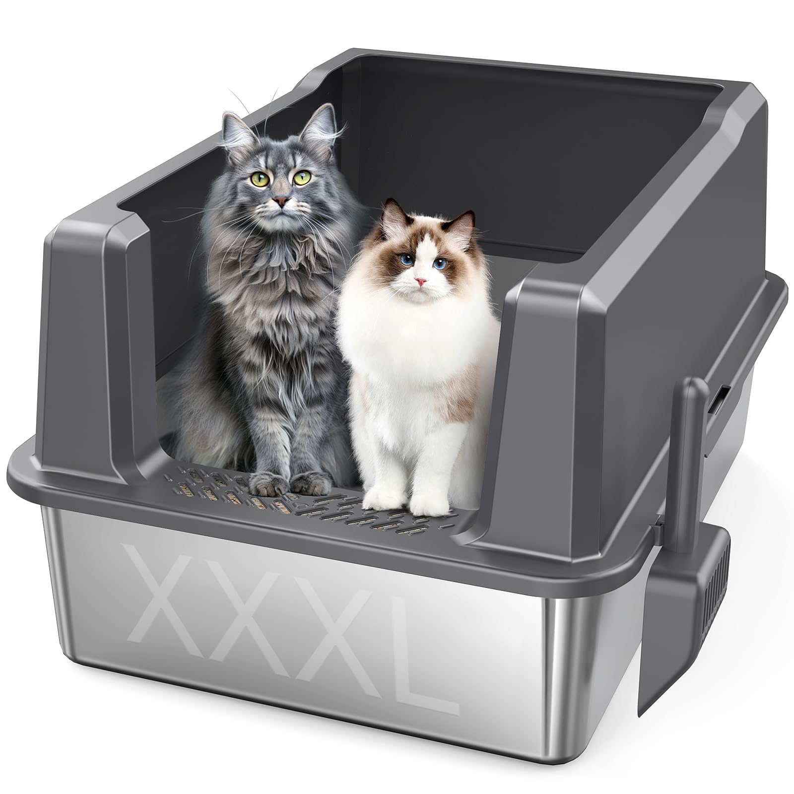 Zuqqony XXXL stainless steel litter box with lid shows roomy space for large cats.